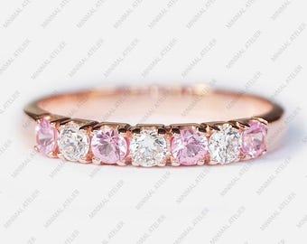 Pink Sapphire Diamond Eternity Ring Wedding Stacking Band Pink Sapphire Band 18k Rose Gold Alternate Bridesmaid Gift Women Promise Jewelry