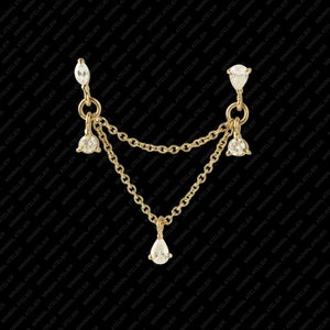 Double Piercing Earrings, Five Lab Grown Diamond Bridal Earring, Solid 14k Gold, Double Chain Delicate Drop Helix Earring, (Single Piece)