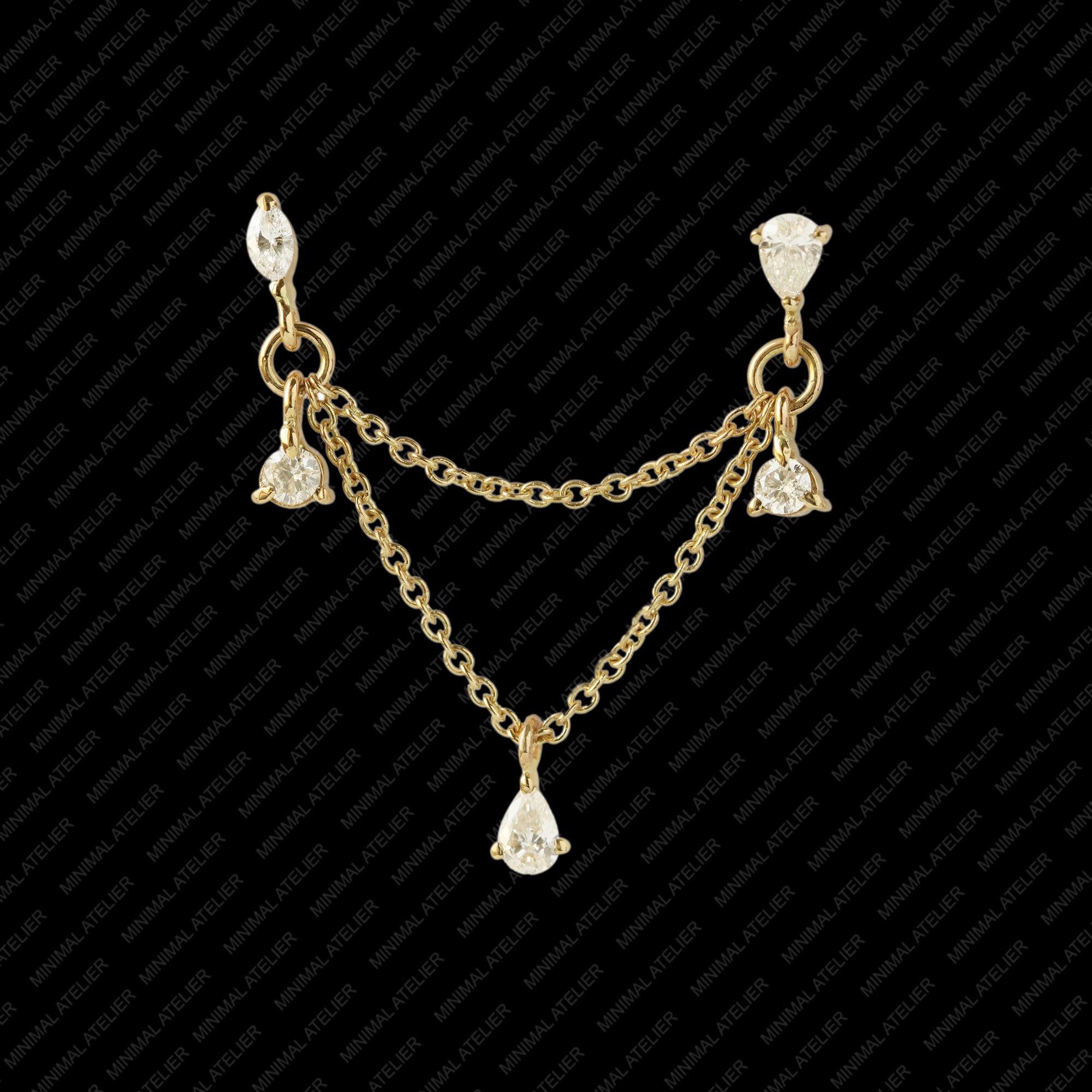 Double Piercing Earrings, Five Lab Grown Diamond Bridal Earring, Solid 14k Gold, Double Chain Delicate Drop Helix Earring, (Single Piece)