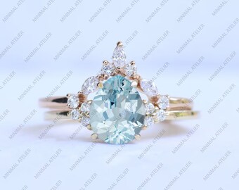 Pear Aquamarine Gemstone Wedding Ring, 14k Solid Gold Unique Ring, Lab Grown Diamond Bridal Ring Set, Moissanite Curved Sackable Band,