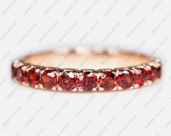Vintage Garnet Half Eternity Ring, 18k Yellow Gold Promise Ring, Minimalist Art Deco Band Ring, Minimalist Gift Christmas Birthstone Jewelry