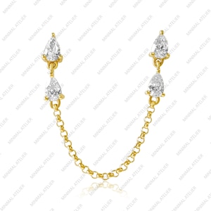 Double Pear Diamond Drop Chain Earring, Solid 14k Yellow Gold Earring, Lab Grown Diamond Chain Connecting Earring, Moissanite Earring