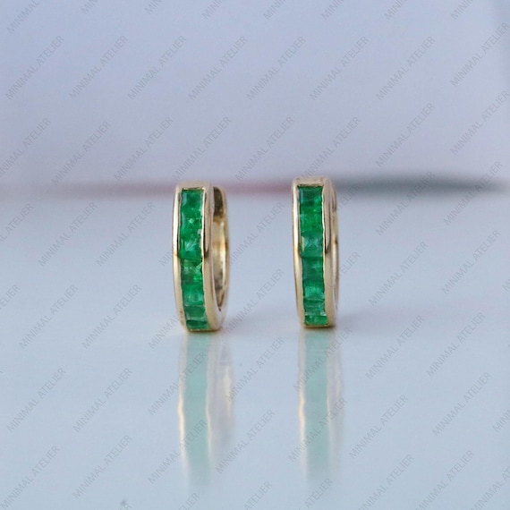 Princess Emerald Huggies Hoops Earring, Solid 14k Yellow Gold Earring, May Birthstone Earring, Minimalist Jewelry, Gemstone Hoops