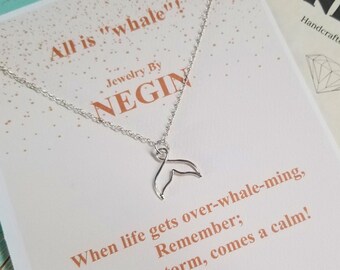 Sterling Silver Whale Necklace with Inspirational Card - Whale Tail Pendant - Tiny Whale Tail Charm Necklace - Ocean Lover Jewelry - Negin