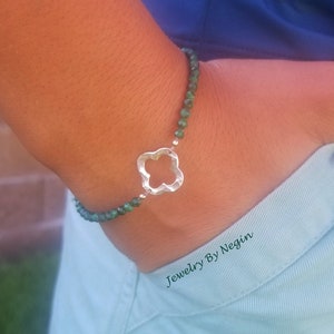 Sterling Silver Quatrefoil Bracelet - Malachite Edelsteen - Lucky Charm Bracelet - 4 Leaf Clover - Saint Patrick&#39;s Day Bracelet - Negin