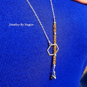 Sterling Silver Honeycomb Bee Necklace With Citrine - Hexagon Geometric Necklace - Bee Keeper Jewelry - Lariat Style Chain Necklace - Negin