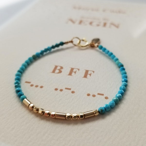 Sterling Silver or Gold Filled BFF Morse Code Bracelet with Genuine Turquoise Gemstone - Best Friends Forever - Turquoise Bracelet - Negin