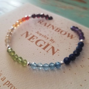 Sterling Silver / 14K Gold Filled Rainbow Gemstone Bracelet - Healing and Balancing Chakra Jewelry - 7 Genuine Gemstones - Negin