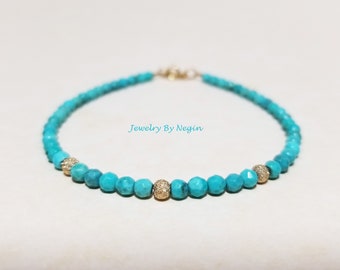 14K Gold/White Gold/Rose Gold Turquoise Bracelet - December Birthstone Bracelet - Genuine Turquoise Gemstone - Negin