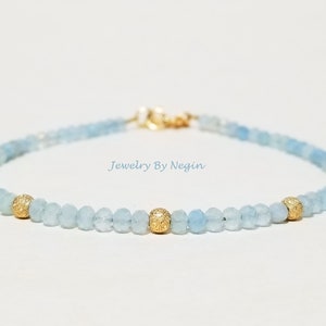 14K Gold/White Gold/Rose Gold Aquamarine Gemstone Bracelet - March Birthstone Bracelet - Genuine Aquamarine Beaded Bracelet - Negin
