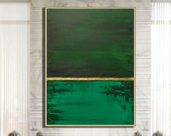Original handmade green Painting Minimalist Oversize Abstract Painting, gold Painting, abstract painting, green abstract wall art painting