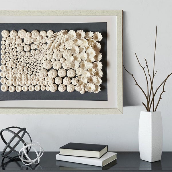 White Barnacle & Coral Clay Wall Tile, Nautical Coastal Wall Art Framed, Beach House Decor, 3D reef Sculpture, Ocean Seashell Texture decor