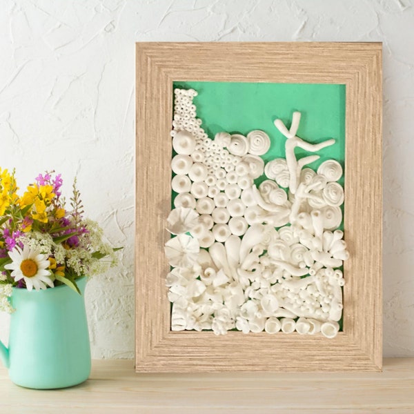 seashell coral reef sculpture, white ocean inspired clay panel, underwater sea textured art, beach house decor, barnacles nautical sculpture