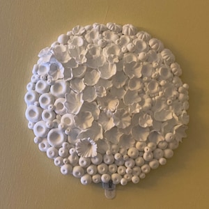 Round White Barnacle and coral Clay Wall Tile, Nautical Coastal Wall Art, Beach House Decor, 3D reef Sculpture, Ocean Seashell Texture decor