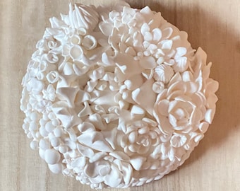 white flower wall art, coral reef clay sculpture, white coral botanical table top decor, coral reef sea shell, succulent bunch, coral flower