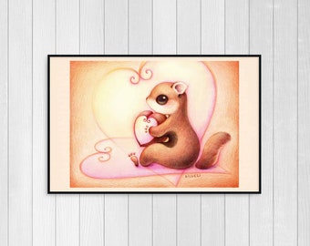 Squirrel Love Poster, Cute Animal Nursery Wall Art Decor, Colored Pencil Drawing