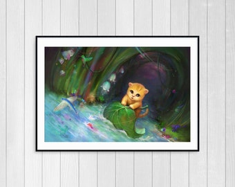 Kitten on Leaf Fantasy Poster, Cat Adventure Wall Art Decor, Orange Tabby Kitty Print