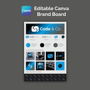Może przedstawiać: Cyfrowy szablon tablicy marki z logo Canva. Tablica zawiera logo "Code & Co", paletę kolorów i przykładowe wizualizacje. Podstawowe kolory to elektryczny niebieski, czarny ekran i kod szary.