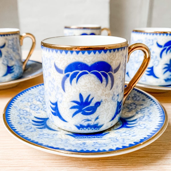 Gorgeous Shefoo Blue Bird Mocha Espresso Cup and Saucer w/Gold Trim, Perfect Condition by Greta-Lisa Jäderholm-Snellman for Arabia Finland