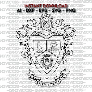 Può includere: Grafica vettoriale in bianco e nero di uno stemma con elmo, scudo e stendardo. Lo scudo è diviso in tre sezioni, ognuna con un design diverso. Il testo in alto recita "INSTANT DOWNLOAD" e "AI - DXF - EPS - SVG - PNG".