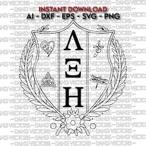 May include: Black and white vector graphic of a shield with the letters A, E, and H. The shield is surrounded by a laurel wreath and includes decorative elements such as a heart, a knot, a dragonfly, and a flower. The text "INSTANT DOWNLOAD" is at the top.