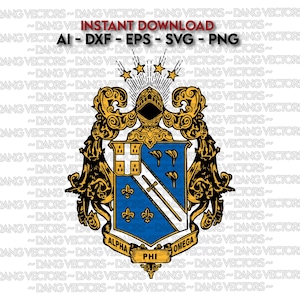 Op de afbeelding: Een digitale afbeelding van een heraldisch wapen met een blauw-wit schild, een zwaard en lelie-symbolen. Het wapen is versierd met gouden filigraan en een ridderhelm. Bovenin staat de tekst "INSTANT DOWNLOAD" en bestandstypen. Het wapen is gelabeld "ALPHA OMEGA PHI".