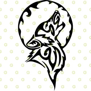 May include: Black and white tribal style illustration of a wolf howling at the moon.