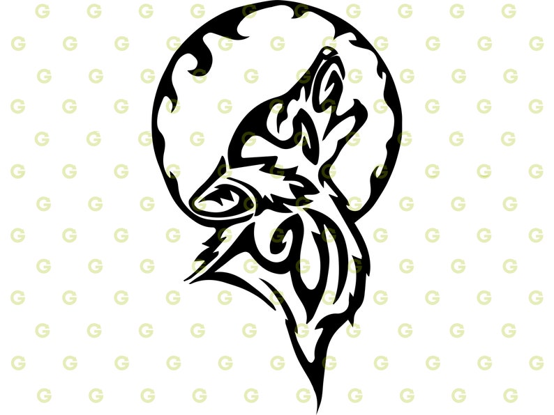 May include: Black and white tribal style illustration of a wolf howling at the moon.