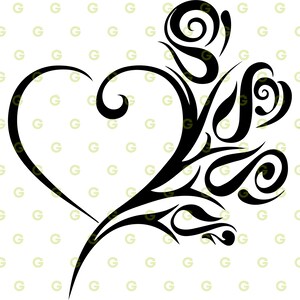 May include: A black and white stylized illustration of a heart with a floral design. The heart is outlined in black and the floral design is made up of swirls and curves.