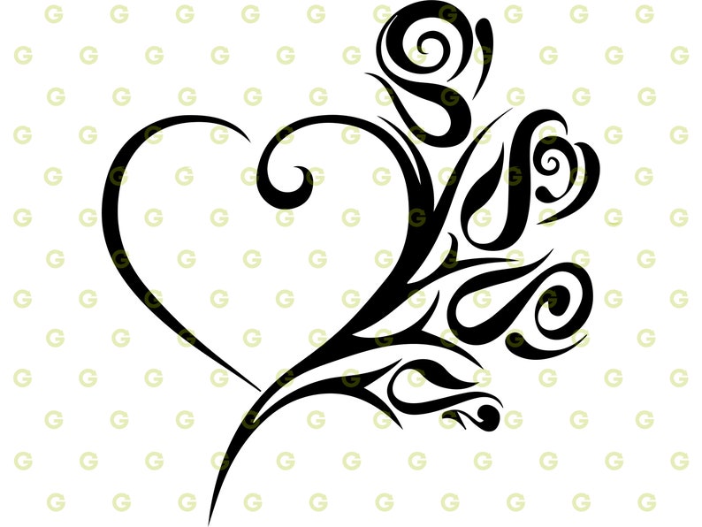 May include: A black and white stylized illustration of a heart with a floral design. The heart is outlined in black and the floral design is made up of swirls and curves.