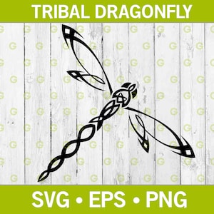 May include: A black tribal dragonfly design with intricate details. The dragonfly is facing right and has a long, thin body with delicate wings.