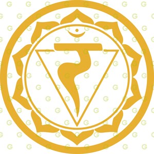 Puede incluir: Un s&iacute;mbolo de mandala amarillo con un remolino estilizado dentro de un tri&aacute;ngulo. El s&iacute;mbolo est&aacute; rodeado por un c&iacute;rculo con un borde decorativo.