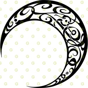 May include: A black and white crescent moon design with intricate swirls and patterns.
