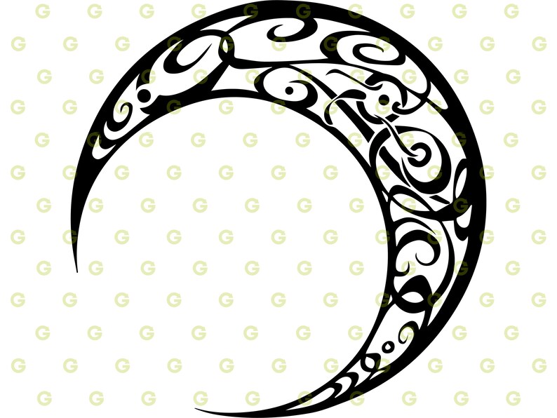 May include: A black and white crescent moon design with intricate swirls and patterns.