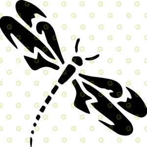 May include: Black silhouette of a dragonfly with intricate wing details.