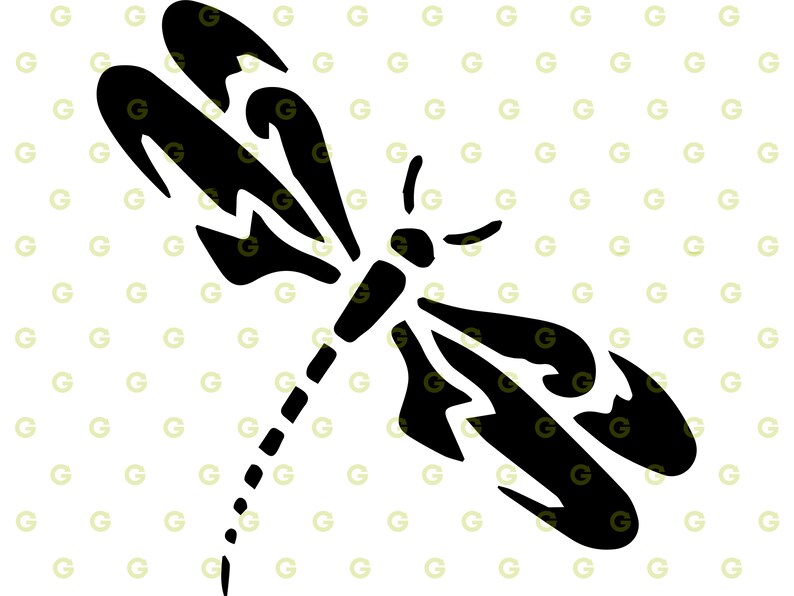 May include: Black silhouette of a dragonfly with intricate wing details.