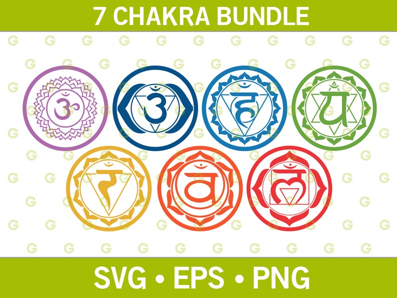 Puede incluir: Conjunto de siete s&iacute;mbolos de chakras coloridos, cada uno con un s&iacute;mbolo s&aacute;nscrito &uacute;nico y un dise&ntilde;o. Los s&iacute;mbolos est&aacute;n en un c&iacute;rculo con un fondo blanco. El texto "7 CHAKRA BUNDLE" est&aacute; en la parte superior de la imagen. El texto "SVG EPS PNG" est&aacute; en la parte inferior de la imagen.