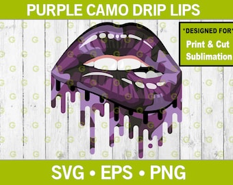 Fashion Purple Camouflage Dripping Lips Svg, Drip Lips Svg, Biting Lips Svg, Fashion Lips Svg, Designer Lips Svg, Sublimation Lips Svg