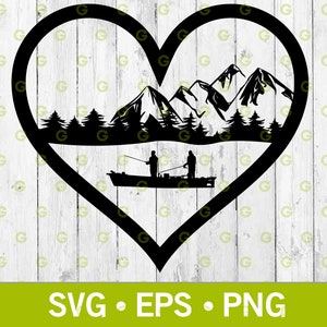 Montaña Escénica Pesca Amor Corazón SVG, Pescadores SVG, Montañas y árboles, Naturaleza SVG, Pesca Svg, Lago de pesca y Montañas Svg