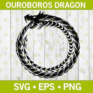 May include: Black and white illustration of an ouroboros dragon, a mythical serpent biting its own tail, forming a circle.