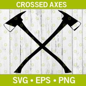 Op de afbeelding: Zwart silhouet van twee gekruiste bijlen, met de tekst "CROSSED AXES" erboven en "SVG • EPS • PNG" eronder. De bijlen staan tegen een witte houten plank achtergrond.