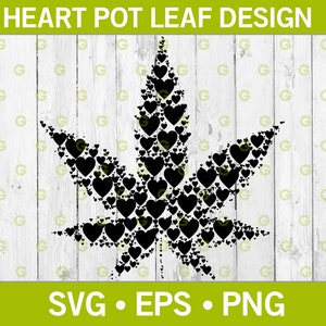 Peut inclure: Un design noir et blanc d'une feuille de marijuana composée de cœurs. Le design est sur un fond de bois blanc. Le texte "HEART POT LEAF DESIGN" est en haut de l'image et le texte "SVG • EPS • PNG" est en bas de l'image.