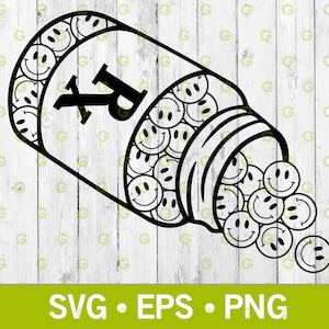 May include: A black and white illustration of a pill bottle overflowing with smiley faces. The bottle is labelled with an "Rx" symbol.