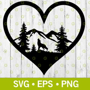 Lobo com montanhas e árvores Love Heart SVG, Wolf SVG, Wolf Scenery SVG, Scenic Svg, Montanhas e árvores Svg, Nature Svg, I Love Wolves