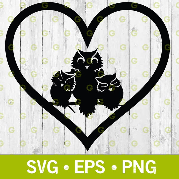 Owl Family Love Heart Sitting on Branch SVG, Three Owls SVG, Wild Owl Svg, Owl Heart Svg, Animal Love Heart, Wild Bird Svg, I Love Owls