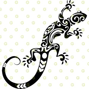 May include: Black and white stylized illustration of a gecko with a tribal design. The gecko is facing right and has its tail curled around its body.