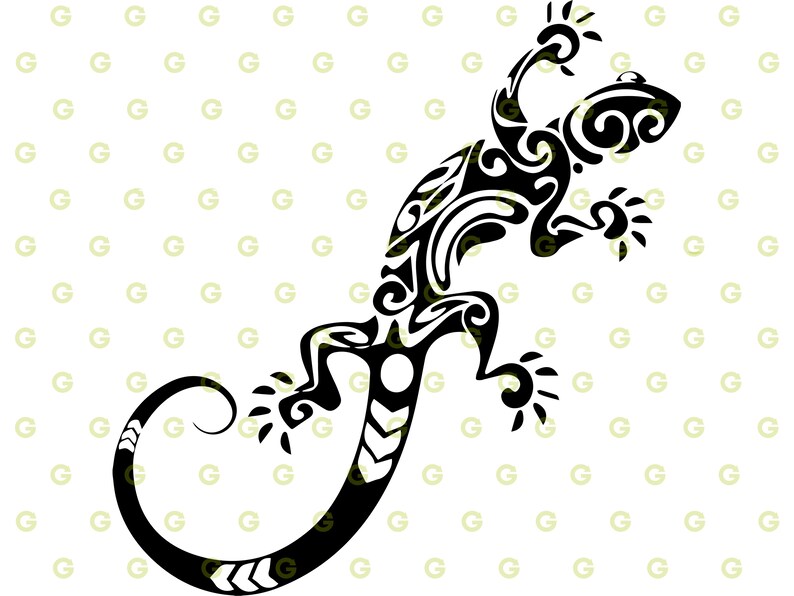 May include: Black and white stylized illustration of a gecko with a tribal design. The gecko is facing right and has its tail curled around its body.