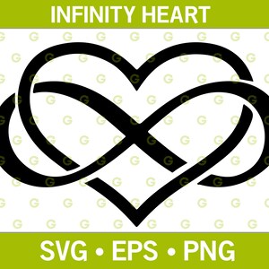 May include: Black infinity heart design with the text "INFINITY HEART" at the top and "SVG • EPS • PNG" at the bottom. The heart is formed by two intertwined loops, symbolizing endless love or connection. The background is white with a pattern of the letter "G".
