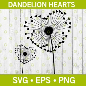 Corações de dente de leão SVG, Flor selvagem SVG, Flor de coração SVG, Flor de amor Svg, Flor de dia dos namorados Svg, Natureza Svg, Flores de coração Svg