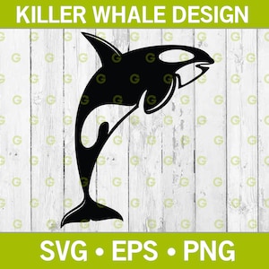 Puede incluir: Silueta en blanco y negro de una orca, o ballena asesina, con una aleta dorsal. La ballena está nadando hacia arriba con la boca abierta. La imagen está sobre un fondo de madera blanca.